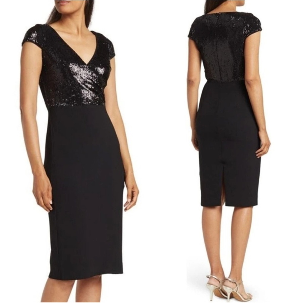 NWT Dress The Population Jaleah Black Sequin V-Neck Bodycon Midi Dress Size L